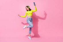 Full Size Photo Of Positive Lady Clubber Use Modern Device Make Picture Selfie Video Enjoy Empty Space Isolated On Pink Color Background