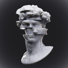 Poster - Abstract digital illustration from 3D rendering of white marble classical bust sliced in multiple dislocated pieces and isolated on dark background.