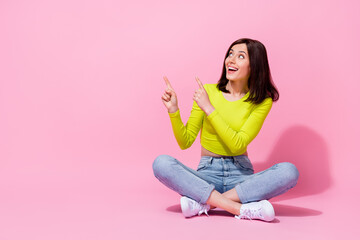 Wall Mural - photo of positive pretty girl lady wear trendy green lime color top arm finger index blank space sit