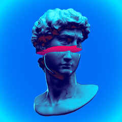 Wall Mural - Abstract digital illustration from 3D rendering of male bust head of white marble sliced in two and isolated on background in blue and pink cut vaporwave colors.