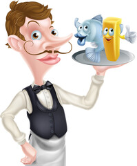 Wall Mural - Cartoon Waiter Holding Fish and Chips