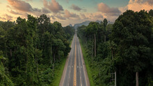 Aerial View Countryside Highway Asphalt Road With Forest, Aerial View Road Through The Forest, Traffic Highway Between Natural Parkland, Asphalt Road Through Green Tropical Rainforest Nature Landscape