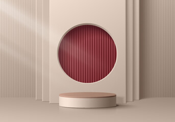 Realistic 3D red maroon, beige cylinder pedestal podium with vertical pattern texture in round window background. Vector abstract geometric form. Minimal scene mockup products display. Stage showcase.