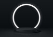 © JE48 - Realistic 3D black cylinder pedestal podium with round circle glowing neon lighting background. Black friday sale concept, Vector abstract minimal scene for products stage showcase, Promotion display.