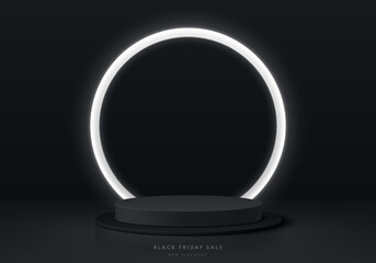 Realistic 3D black cylinder pedestal podium with round circle glowing neon lighting background. Black friday sale concept, Vector abstract minimal scene for products stage showcase, Promotion display.