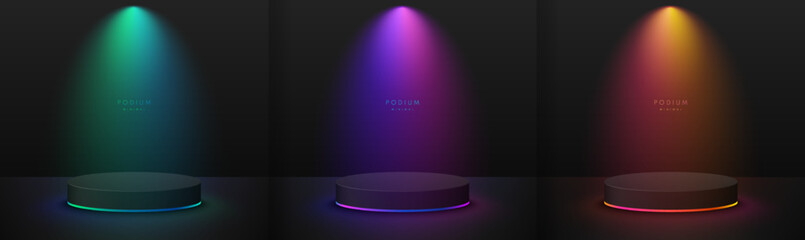 Wall Mural - set of realistic black 3d cylinder pedestal podium with red, pink, blue, yellow glowing neon light n