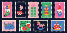 Set Of Cute Hand-drawn Post Stamps With Christmas And New Year Attributes. Trendy Modern Vector Illustartions In Cartoon Flat Design. Mail And Post Office Drawing