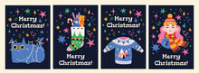 Merry Christmas Set Of Greeting Cards, Posters, Holiday Covers, Cartoon Style. Trendy Modern Vector Illustration, Hand Drawn, Flat Design.