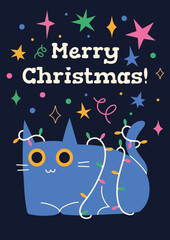 Wall Mural - Christmas greeting card with cat and garland, cartoon style. Trendy modern vector illustration, hand drawn, flat design.