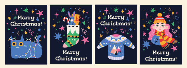 Wall Mural - Merry Christmas Set of greeting cards, posters, holiday covers, cartoon style. Trendy modern vector illustration, hand drawn, flat design.