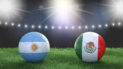 Wall Mural - Two soccer balls in flags colors on stadium blurred background. Argentina vs Mexico. 3d image