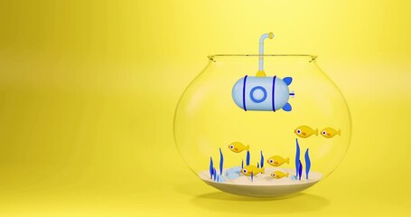 Wall Mural - Animation of fun cartoon blue submarine and fish, seaweed in fishbowl on yellow background. Ukrainian colours yellow and blue summer animation, 3D rendering