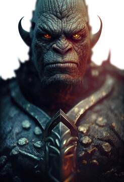 Angry looking troll mythological monster portrait. Horns and armor. Glowing eyes. Isolated Transparent background.