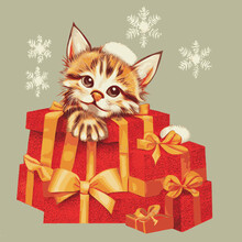 Colorful Vector Illustration Of A Cute Kitten With Gift Boxes