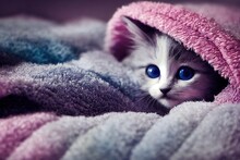  A Kitten With Blue Eyes Peeking Out From Under A Blanket On A Bed With A Pink Blanket On It.