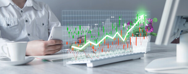 Human showing graph and stock market statistics. Forex trading analysis