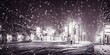 I am standing on a city street and it is winter evening. The air is cold and there is a light dusting of snow on the ground. I can see my breath in front of me. The streetlights cast an eerie