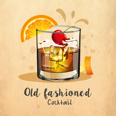 Old fashioned alcoholic drink in a glass goblet with ice cherry and orange on a paper background and a divorce with a title text and a splash