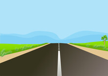Mountain Landscape With A Road That Gets Lost In The Blue Distance Of The Mountains. Vector Illustration.