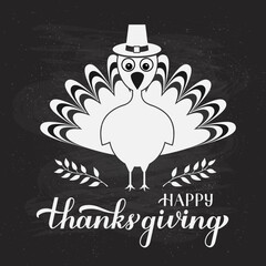 Wall Mural - Happy Thanksgiving calligraphy hand lettering with cute turkey on chalkboard background. Vector template for greeting card, typography poster, banner, flyer, etc