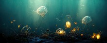 Beautiful Underwater Illustration With Golden Jellyfish, Digital Concept Art. Ocean And Nature, Vivid Color.