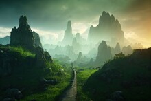 Pretty Green Landscape With Stone Path And Mountains, 3D Rendering. Nature And Landscape, Deep Color.