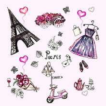 Watercolor Set Of Vintage Paris Illustrations.Romantic, Valentines Day.Hand Drawn Doodle Sketch,love Set Pink Collections.Retro Postcard, Stickers Disign.