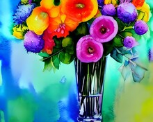 I See A Beautiful Watercolor Flower Bouquet. The Colors Are So Bright And Pretty. I Can't Tell What Kind Of Flowers They Are, But They're All So Lovely. The Vase Is Clear Glass, And The Water