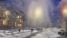 In This Painting, Shadowy Apartment Buildings Loom Against A Deep Blue Sky. A Few Lights Twinkle In The Windows, And Wisps Of Smoke Curl Up From The Chimneys. It's A Cold Winter Night.