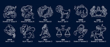 Zodiac Signs, Astrological Horoscope Signs. Contour White Drawings On A Blue Background. Icons, Vector