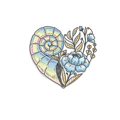 Sticker - Icon of a shell with a flower wreath, colorful illustration reminding of summer and vacation