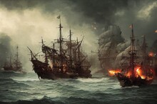 Sea Battle Of Sinking And Burning Naval Ships On Dark Waters