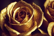Golden Rose With Water Drops And Shiny Texture