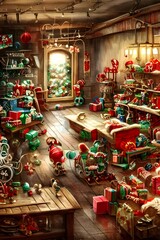 The Christmas toy factory is a busy place. Workers are scurrying around, assembling toys. The air is filled with the sound of hammering and sawing. Brightly colored wrapping paper and ribbons cover ev