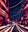 © dreamyart - The snowflakes are falling gently down onto the city street below. The soft light of the evening sun is shining through the trees and casting a warm glow over everything. The cold air has a fresh, cle