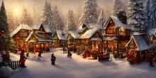 The Snow Is Falling Gently On The Houses And Churches Of The Winter Christmas Village. The Lights On The Trees And In The Windows Twinkle Brightly Against The Backdrop Of A Cold, Blue Night Sky.