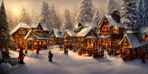 The snow is falling gently on the houses and churches of the winter christmas village. The lights on the trees and in the windows Twinkle brightly against the backdrop of a cold, blue night sky.