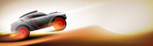 Buggy Rally Sports Car Bashing And Jumping In Desert On Panoramic Sunny Sandy Background. Car Extreme Sport, Safari Off Road Competition Horizontal Banner Vector Illustration.