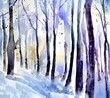 I am standing in the middle of a watercolor winter forest. The trees are tall and thin, with long branches that reach up to the sky. The ground is covered in a thick layer of snow, and the air is cris