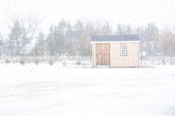 Wall Mural - Snow falling on a rural landscape and small shed.