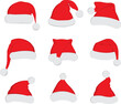 © Sid10 - Santa Claus red hat set cut. Santa hat, Santa red hat isolated on white. New Year santa red hat . Santa head hat vector. Santa Christmas hat decoration vector. Cartoon santa cap xmas celebration