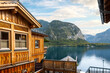 A peaceful Alpine lakefront setting near historic wooden homes on the lake in Autumn. In Hallstatt, Austria.