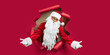 © ZaStock - Santa Clause looking through hole on red paper while gesturing hands like welcome. New Year advert