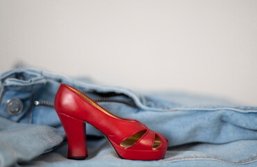 Red woman shoe and jeans