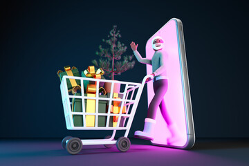 Wall Mural - Stylized character comes out through smartphone screen together shopping cart with christmas tree and gift boxes. 3d illustration. Concept of online shopping and christmas sale. Night Neon lighting