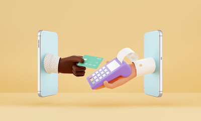 Wall Mural - Hand holding a credit card and hand holding a POS terminal through screens mobile phones. Concept of modern selling, online shopping on smartphone. 3d render, illustration. Pastel orange background