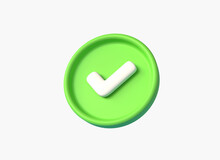 3d Green Tick Button. Like Or Correct Symbol Icon. Cartoon Style Illustration Isolated On White Background. 3d Rendering