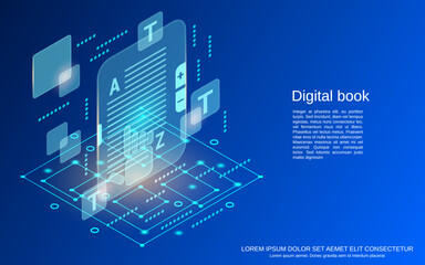 Wall Mural - digital book, online reading flat 3d isometric style vector concept illustration