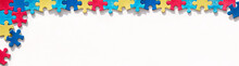 Puzzle Pieces, Mosaics. Panoramic Banner For Autism Awareness Day, World Autism Day. Banner, Panorama, Background For Flyer, Poster Edge, Corner Design Element. Health Care Awareness Campaign.