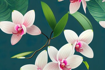 Wall Mural - set of isolated flowers colorful with tropical green leaves elements. orchids, peony, magnolia, lily
